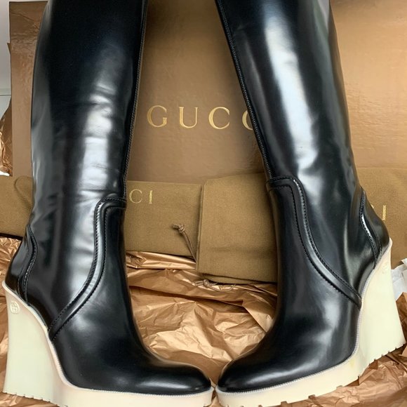 COPY - Gucci Knee High Black Boot/White Wedge Heel - Picture 1 of 7